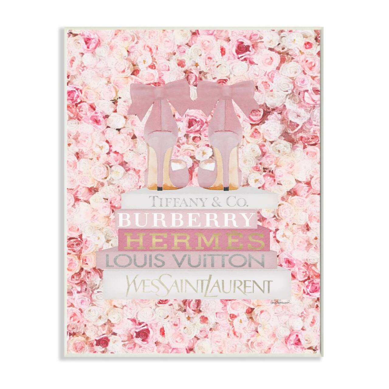 Stupell Industries Pink Fashion Heals with Glam Books and Rose Details Wood Wall Plaque